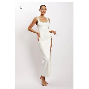 Meshki | Diamante Trim High Split Midi Dress | White